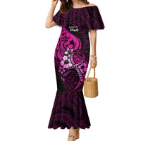 Polynesia Breast Cancer Awareness Family Matching Mermaid Dress and Hawaiian Shirt Think Pink Polynesian Ribbon Black Version LT14 Mom's Dress Pink - Polynesian Pride