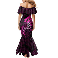 Personalised Polynesia Breast Cancer Awareness Family Matching Mermaid Dress and Hawaiian Shirt Think Pink Polynesian Ribbon Black Version LT14 - Polynesian Pride