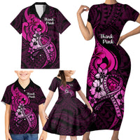 Personalised Polynesia Breast Cancer Awareness Family Matching Short Sleeve Bodycon Dress and Hawaiian Shirt Think Pink Polynesian Ribbon Black Version LT14 - Polynesian Pride