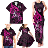 Personalised Polynesia Breast Cancer Awareness Family Matching Tank Maxi Dress and Hawaiian Shirt Think Pink Polynesian Ribbon Black Version LT14 - Polynesian Pride