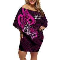 Personalised Polynesia Breast Cancer Awareness Off Shoulder Short Dress Think Pink Polynesian Ribbon Black Version LT14 Women Pink - Polynesian Pride