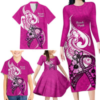 Polynesia Breast Cancer Awareness Family Matching Long Sleeve Bodycon Dress and Hawaiian Shirt Think Pink Polynesian Ribbon White Version LT14 - Polynesian Pride