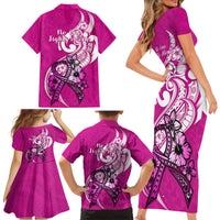 Polynesia Breast Cancer Awareness Family Matching Short Sleeve Bodycon Dress and Hawaiian Shirt Think Pink Polynesian Ribbon White Version LT14 - Polynesian Pride