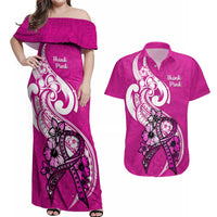 Personalised Polynesia Breast Cancer Awareness Couples Matching Off Shoulder Maxi Dress and Hawaiian Shirt Think Pink Polynesian Ribbon White Version LT14 Pink - Polynesian Pride