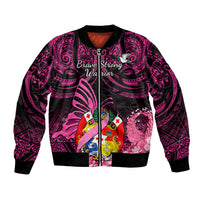 Presonalised Tonga Breast Cancer Awareness Bomber Jacket Pink Ribbon Brave Strong Warrior Tongan Ngatu Pattern LT14 Unisex Pink - Polynesian Pride