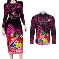 Presonalised Tonga Breast Cancer Awareness Couples Matching Long Sleeve Bodycon Dress and Long Sleeve Button Shirts Pink Ribbon Brave Strong Warrior Tongan Ngatu Pattern LT14 Pink - Polynesian Pride