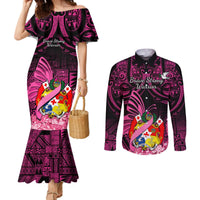 Presonalised Tonga Breast Cancer Awareness Couples Matching Mermaid Dress and Long Sleeve Button Shirts Pink Ribbon Brave Strong Warrior Tongan Ngatu Pattern LT14 Pink - Polynesian Pride