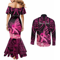 Presonalised Tonga Breast Cancer Awareness Couples Matching Mermaid Dress and Long Sleeve Button Shirts Pink Ribbon Brave Strong Warrior Tongan Ngatu Pattern LT14 - Polynesian Pride