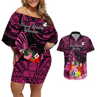 Presonalised Tonga Breast Cancer Awareness Couples Matching Off Shoulder Short Dress and Hawaiian Shirt Pink Ribbon Brave Strong Warrior Tongan Ngatu Pattern LT14 Pink - Polynesian Pride