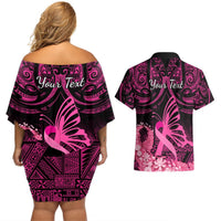 Presonalised Tonga Breast Cancer Awareness Couples Matching Off Shoulder Short Dress and Hawaiian Shirt Pink Ribbon Brave Strong Warrior Tongan Ngatu Pattern LT14 - Polynesian Pride