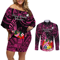 Presonalised Tonga Breast Cancer Awareness Couples Matching Off Shoulder Short Dress and Long Sleeve Button Shirts Pink Ribbon Brave Strong Warrior Tongan Ngatu Pattern LT14 Pink - Polynesian Pride
