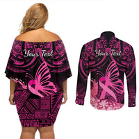 Presonalised Tonga Breast Cancer Awareness Couples Matching Off Shoulder Short Dress and Long Sleeve Button Shirts Pink Ribbon Brave Strong Warrior Tongan Ngatu Pattern LT14 - Polynesian Pride