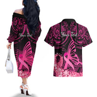Presonalised Tonga Breast Cancer Awareness Couples Matching Off The Shoulder Long Sleeve Dress and Hawaiian Shirt Pink Ribbon Brave Strong Warrior Tongan Ngatu Pattern LT14 - Polynesian Pride