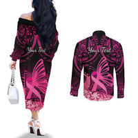 Presonalised Tonga Breast Cancer Awareness Couples Matching Off The Shoulder Long Sleeve Dress and Long Sleeve Button Shirts Pink Ribbon Brave Strong Warrior Tongan Ngatu Pattern LT14 - Polynesian Pride