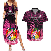 Presonalised Tonga Breast Cancer Awareness Couples Matching Summer Maxi Dress and Hawaiian Shirt Pink Ribbon Brave Strong Warrior Tongan Ngatu Pattern LT14 Pink - Polynesian Pride