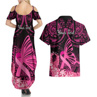 Presonalised Tonga Breast Cancer Awareness Couples Matching Summer Maxi Dress and Hawaiian Shirt Pink Ribbon Brave Strong Warrior Tongan Ngatu Pattern LT14 - Polynesian Pride