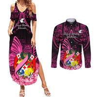 Presonalised Tonga Breast Cancer Awareness Couples Matching Summer Maxi Dress and Long Sleeve Button Shirts Pink Ribbon Brave Strong Warrior Tongan Ngatu Pattern LT14 Pink - Polynesian Pride