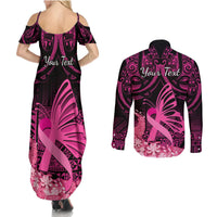 Presonalised Tonga Breast Cancer Awareness Couples Matching Summer Maxi Dress and Long Sleeve Button Shirts Pink Ribbon Brave Strong Warrior Tongan Ngatu Pattern LT14 - Polynesian Pride