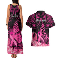 Presonalised Tonga Breast Cancer Awareness Couples Matching Tank Maxi Dress and Hawaiian Shirt Pink Ribbon Brave Strong Warrior Tongan Ngatu Pattern LT14 - Polynesian Pride