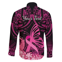 Presonalised Tonga Breast Cancer Awareness Family Matching Off Shoulder Maxi Dress and Hawaiian Shirt Pink Ribbon Brave Strong Warrior Tongan Ngatu Pattern LT14 - Polynesian Pride