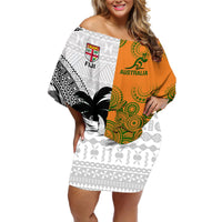 Fiji And Australia Rugby Off Shoulder Short Dress 2023 World Cup Aboriginal Mix Tapa Pattern LT14 Women Gold - Polynesian Pride