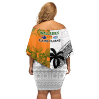 Fiji And Australia Rugby Off Shoulder Short Dress 2023 World Cup Aboriginal Mix Tapa Pattern LT14 - Polynesian Pride