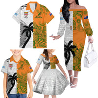 Custom Fiji And Australia Rugby Family Matching Off Shoulder Long Sleeve Dress and Hawaiian Shirt 2023 World Cup Aboriginal Mix Tapa Pattern LT14 - Polynesian Pride