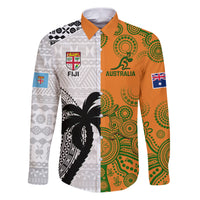 Custom Fiji And Australia Rugby Family Matching Puletasi Dress and Hawaiian Shirt 2023 World Cup Aboriginal Mix Tapa Pattern LT14 Dad's Shirt - Long Sleeve Gold - Polynesian Pride