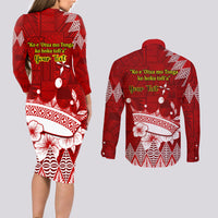 Personalised Tonga King Tupou I Day Couples Matching Long Sleeve Bodycon Dress and Long Sleeve Button Shirt Tongan Ngatu Pattern With Crown LT14 - Polynesian Pride