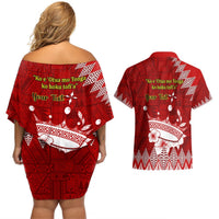 Personalised Tonga King Tupou I Day Couples Matching Off Shoulder Short Dress and Hawaiian Shirt Tongan Ngatu Pattern With Crown LT14 - Polynesian Pride