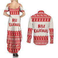 Red Mele Kalikimaka Hawaii Couples Matching Summer Maxi Dress and Long Sleeve Button Shirt Funny Ho Ho Ho Santa Shaka - Polynesian Pride