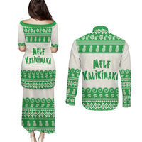 Green Mele Kalikimaka Hawaii Couples Matching Puletasi and Long Sleeve Button Shirt Funny Ho Ho Ho Santa Shaka - Polynesian Pride