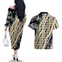 Black Palaka Hawaii Leis Couples Matching Off The Shoulder Long Sleeve Dress and Hawaiian Shirt Hawaiian-plaid Elegant Tropical Vibes LT14 - Polynesian Pride