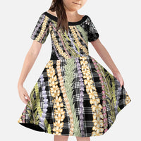 Black Palaka Hawaii Leis Family Matching Off The Shoulder Long Sleeve Dress and Hawaiian Shirt Hawaiian-plaid Elegant Tropical Vibes LT14 Daughter's Dress Black - Polynesian Pride
