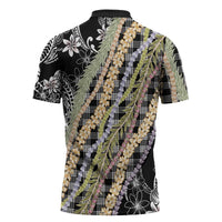 Black Palaka Hawaii Leis Zipper Polo Shirt Hawaiian-plaid Elegant Tropical Vibes - Polynesian Pride