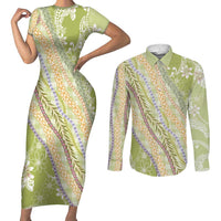 Green Palaka Hawaii Leis Couples Matching Short Sleeve Bodycon Dress and Long Sleeve Button Shirt Hawaiian-plaid Elegant Tropical Vibes - Polynesian Pride