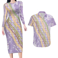 Purple Palaka Hawaii Leis Couples Matching Long Sleeve Bodycon Dress and Hawaiian Shirt Hawaiian-plaid Elegant Tropical Vibes LT14 Purple - Polynesian Pride