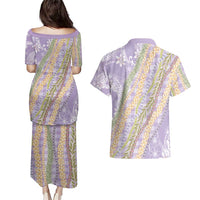 Purple Palaka Hawaii Leis Couples Matching Puletasi and Hawaiian Shirt Hawaiian-plaid Elegant Tropical Vibes - Polynesian Pride