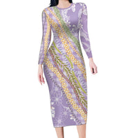 Purple Palaka Hawaii Leis Family Matching Long Sleeve Bodycon Dress and Hawaiian Shirt Hawaiian-plaid Elegant Tropical Vibes LT14 Mom's Dress Purple - Polynesian Pride
