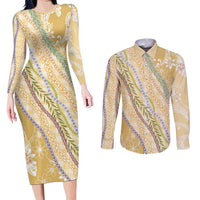 Yellow Palaka Hawaii Leis Couples Matching Long Sleeve Bodycon Dress and Long Sleeve Button Shirt Hawaiian-plaid Elegant Tropical Vibes - Polynesian Pride