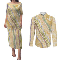 Yellow Palaka Hawaii Leis Couples Matching Puletasi and Long Sleeve Button Shirt Hawaiian-plaid Elegant Tropical Vibes - Polynesian Pride