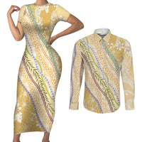Yellow Palaka Hawaii Leis Couples Matching Short Sleeve Bodycon Dress and Long Sleeve Button Shirt Hawaiian-plaid Elegant Tropical Vibes - Polynesian Pride
