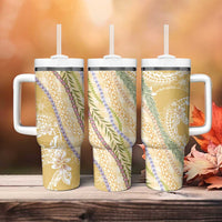 Yellow Palaka Hawaii Leis Tumbler With Handle Hawaiian-plaid Elegant Tropical Vibes - Polynesian Pride