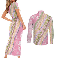 Pink Palaka Hawaii Leis Couples Matching Short Sleeve Bodycon Dress and Long Sleeve Button Shirt Hawaiian-plaid Elegant Tropical Vibes - Polynesian Pride