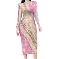 Pink Palaka Hawaii Leis Long Sleeve Bodycon Dress Hawaiian-plaid Elegant Tropical Vibes LT14 Long Dress Pink - Polynesian Pride