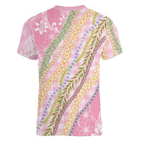 Pink Palaka Hawaii Leis Women V-Neck T-Shirt Hawaiian-plaid Elegant Tropical Vibes LT14 - Polynesian Pride