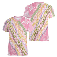 Pink Palaka Hawaii Leis Women V-Neck T-Shirt Hawaiian-plaid Elegant Tropical Vibes LT14 - Polynesian Pride