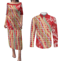 Red Palaka Hawaii Leis Couples Matching Puletasi and Long Sleeve Button Shirt Hawaiian-plaid Elegant Tropical Vibes - Polynesian Pride
