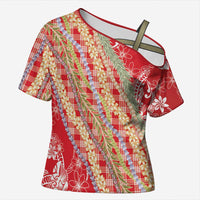 Red Palaka Hawaii Leis Cross Shoulder Shirt Hawaiian-plaid Elegant Tropical Vibes - Polynesian Pride