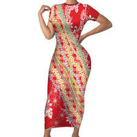 Red Palaka Hawaii Leis Family Matching Short Sleeve Bodycon Dress and Hawaiian Shirt Hawaiian-plaid Elegant Tropical Vibes LT14 Mom's Dress Red - Polynesian Pride